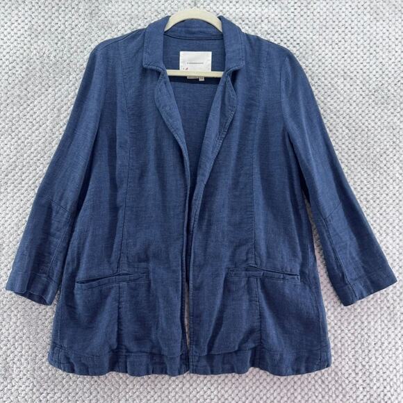 Anthropologie Blazer Womens 2 Blue Linen Asymmetrical Back Open Front Pockets - Picture 1 of 15